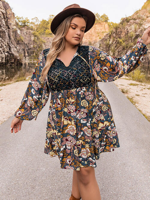 Plus Size Floral Tie Neck Balloon Sleeve Mini Dress